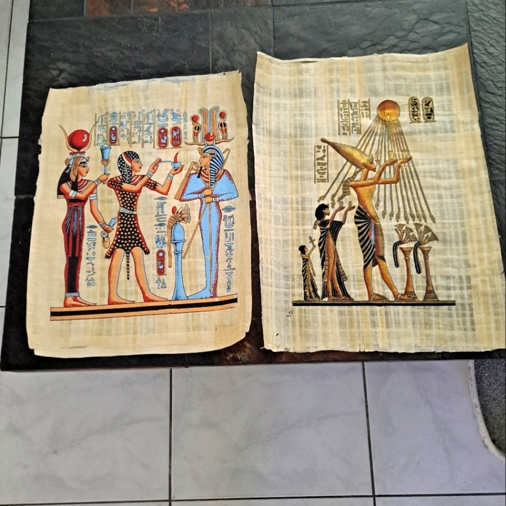 Set of 2 Egyptian Papyrus Paper Nefertiti Paintings